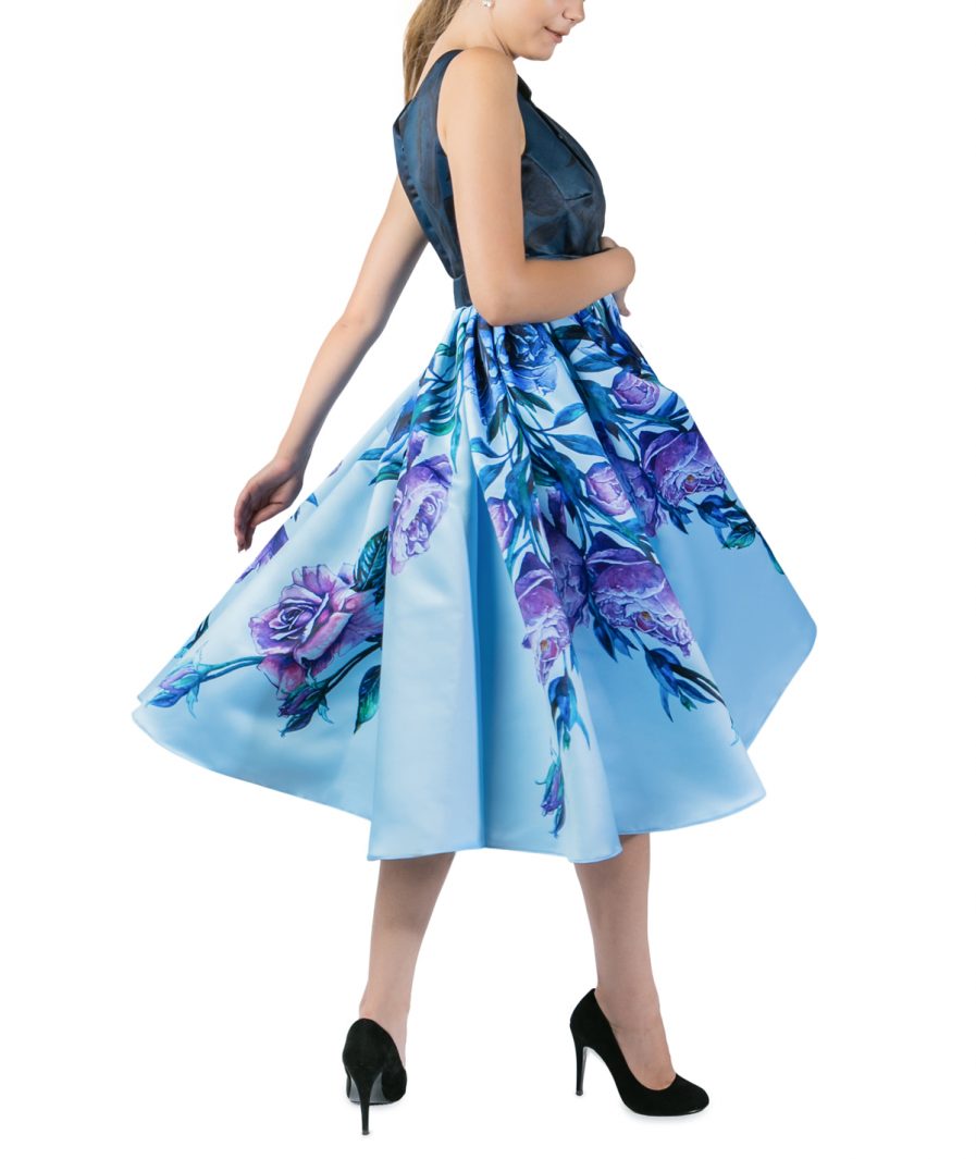 Sinestezic designer vestimentar roman | Rochie de zi midi cu imprimeu floral | Rochie de zi Blue Bouquet